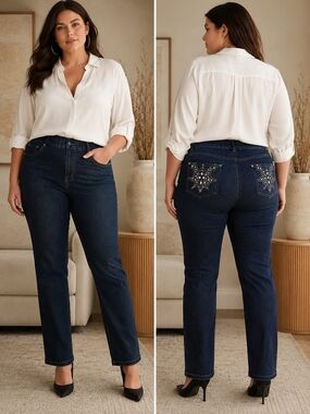 Penningtons Pull On Dark Wash Straight Leg Jeans Petite 14 Boho Y2K Embellished